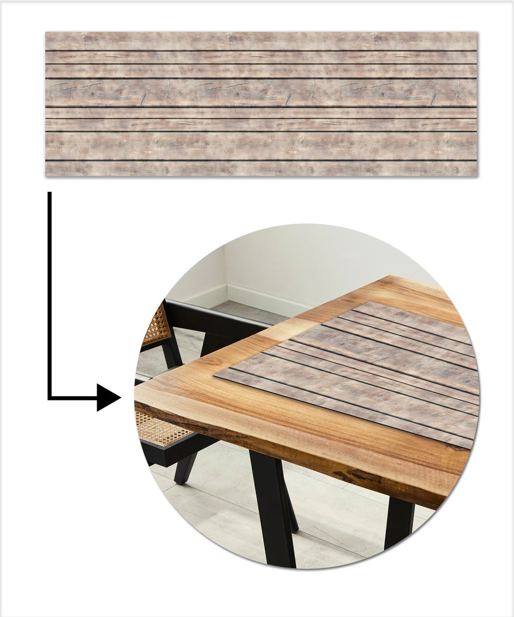Tafelloper 150x50 cm - Tafelmat vinyl Brocante - Patronen - Hout - Planken - Tafeldecoratie - Tafelversiering - Keuken decoratie - Tafel versiering