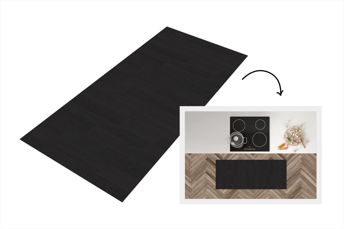 KitchenYeah Keukenloper 120x50 cm - Keukenmat vinyl Plank - Zwart - Patronen - Keukenmatten loper - Keuken vloerkleed tapijt Hout
