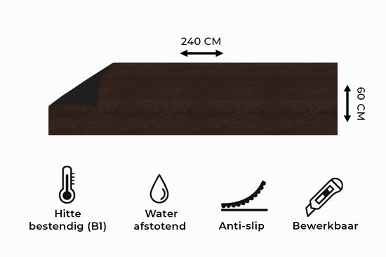 Tapis de cuisine brun foncé à motif bois de feuillus, 240x60 cm, avec des icônes pour résistant à la chaleur, imperméable, antidérapant et personnalisable.