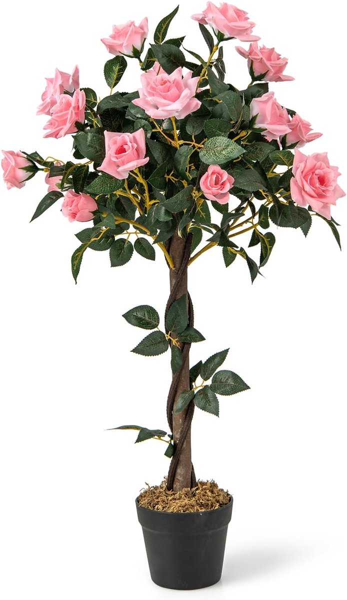 KOMFOTTEU 93 cm Potplant met kunstrozen, realistische bloemenboom met houten stam en cementpot, onderhoudsvrij, voor thuis en op kantoor