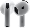 Deux AirPods blancs d'Apple avec détails en maille noire et un 'R' sur l'écouteur droit.