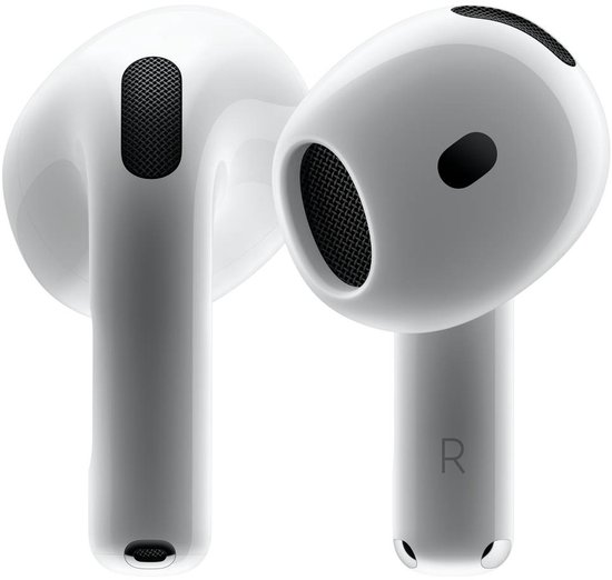 Deux AirPods blancs d'Apple avec détails en maille noire et un 'R' sur l'écouteur droit.