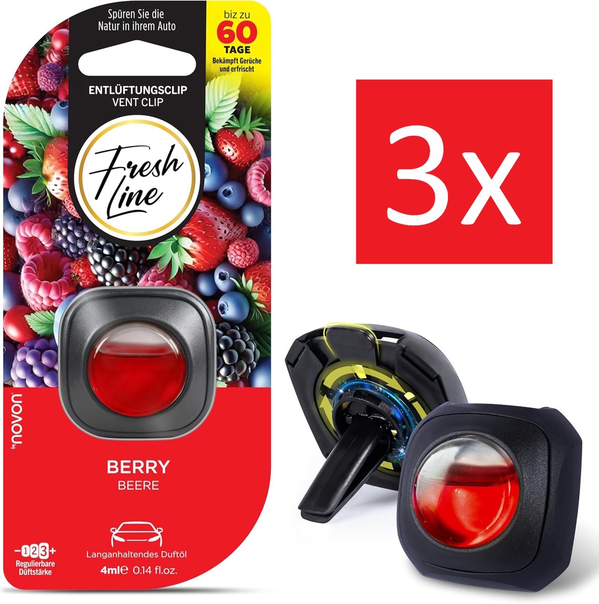 Fresh Line® - Auto Luchtverfrisser Clip 3 stuks - Berry - 3 x 4ml - tot 60 dagen