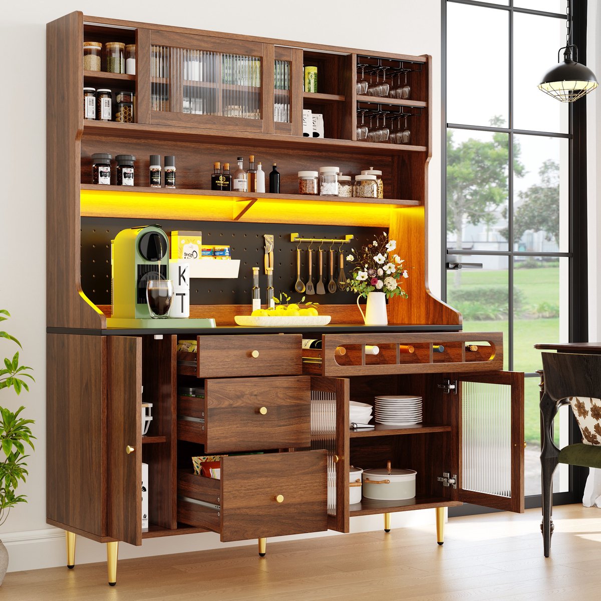 Sweiko Keukenkast - Dressoir - Verstelbare planken - LED-verlichting - Met wijnrek - 3 lades - Bruin