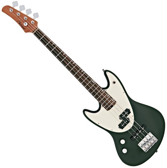 Donkergroene basgitaar met witte slagplaat, zwarte elementen en zilveren hardware, staand.
