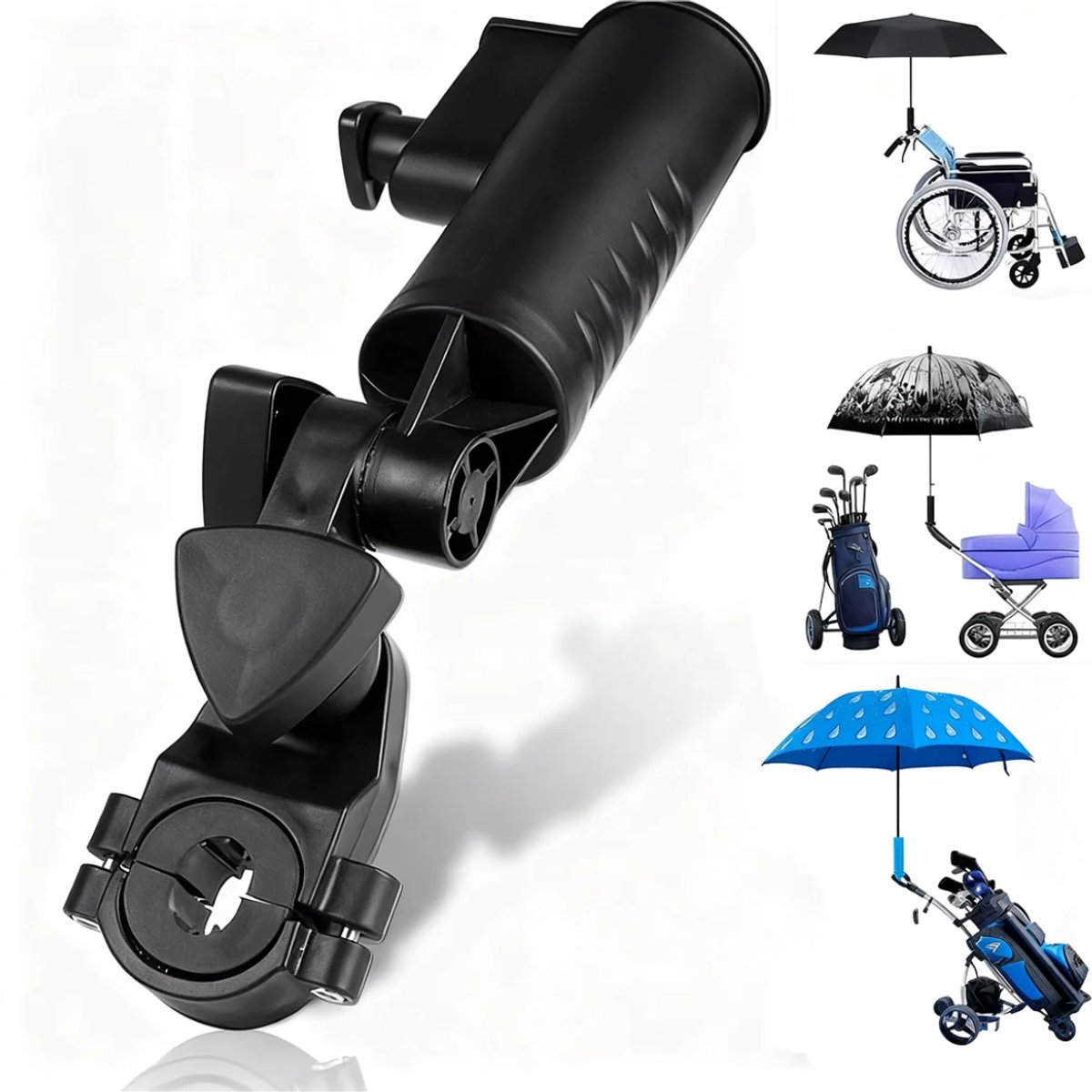 Chipa - Universele Parapluhouder voor Golftrolley & Golfkar – Chipa - Verstelbaar – Inclusief Opzetstukken – Golfaccesoires - Te gebruiken voor Rollator/Rolstoel/Kinderwagen - Handsfree Bescherming tegen Regen & Zon