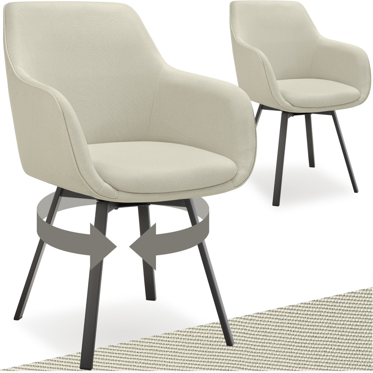 Tectake Draaibare eetkamerstoel Alicon - Gestoffeerd - Stijl en comfort in één - Eetkamerstoel - Bureaustoel - Woonkamerstoel - Fauteuil - Set van 2 - Beige