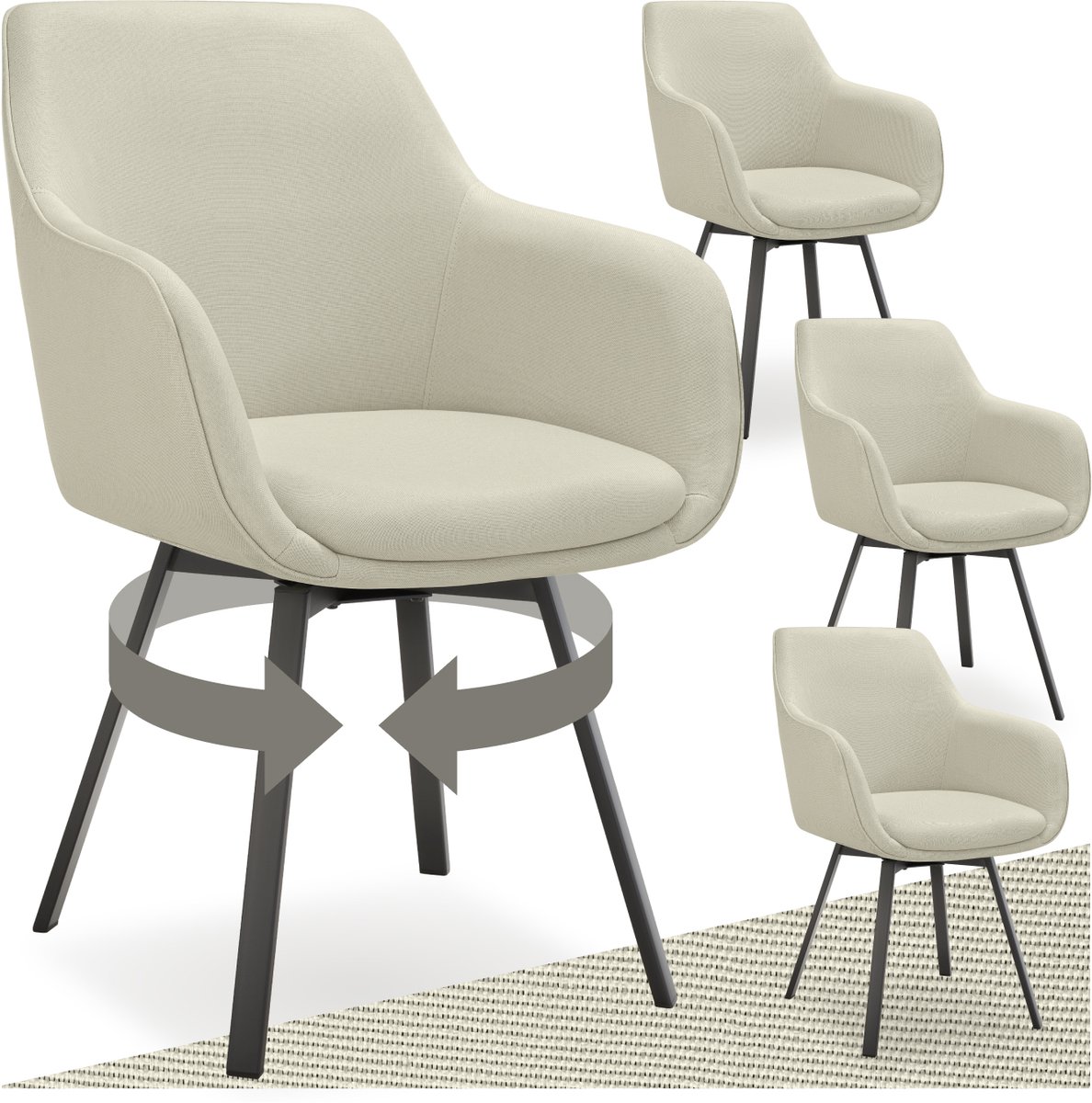 Tectake Draaibare eetkamerstoel Alicon - Gestoffeerd - Stijl en comfort in één - Eetkamerstoel - Bureaustoel - Woonkamerstoel - Fauteuil - Set van 4 - Beige