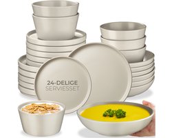 tectake® Serviesset Una - 24-delig - Aardewerk - 6 Persoons - Stijlvol en Duurzaam Servies - Bordenset met Grote en Kleine Borden, Kommen, Schaaltjes - Taupe
