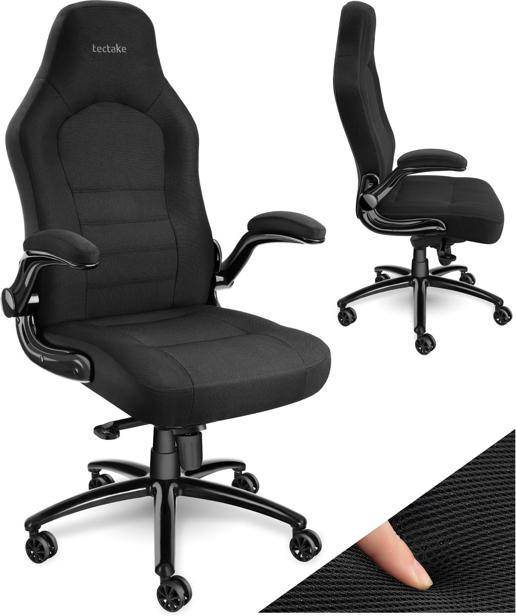 tectake® Bureaustoel - Ergonomische draaistoel met opklapbare armleuningen en wipfunctie - In hoogte verstelbaar - Directiestoel - Stoffen bekleding - PC-stoel - Comfortabel en Functioneel - Maximale belastbaarheid 150 kg - Zwart
