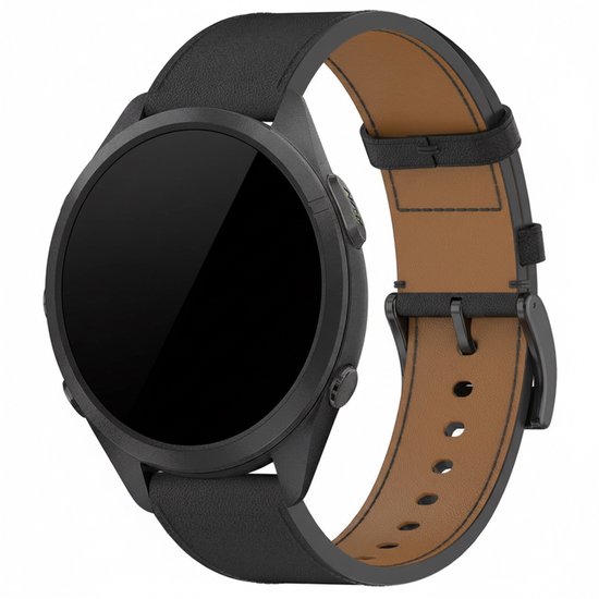 Zwart smartwatch met zwart leren horlogebandje met bruine binnenzijde.