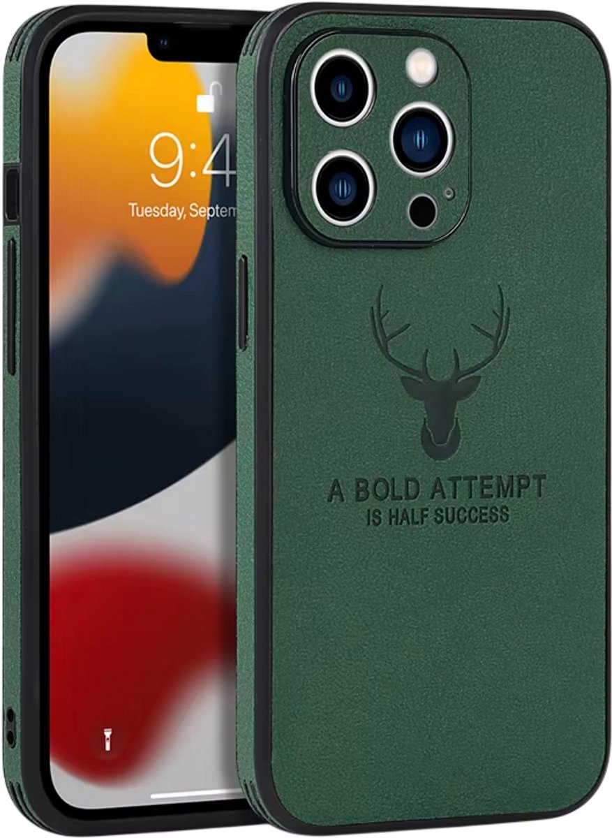 Luxe Lederen Telefoonhoes met Bumper – Geschikt voor iPhone 17 Pro max – Schokbestendige Beschermhoes met Zachte Backcover, Business Case met Hertenhoofd Design - Groen
