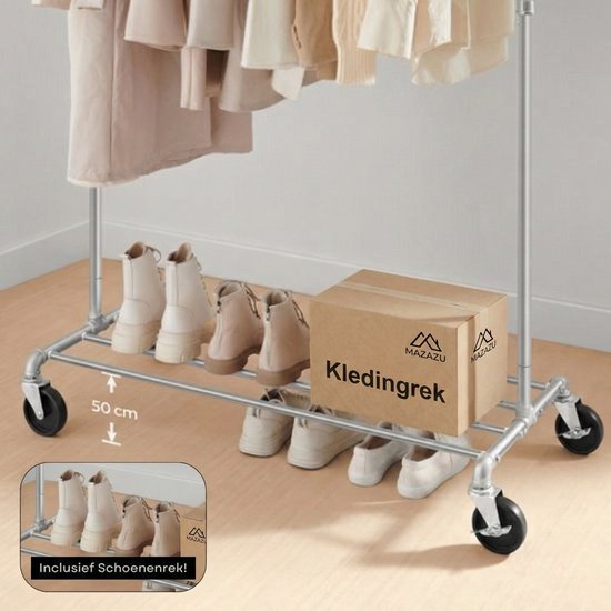 Kledingrek met 4 wielen, twee met rem. Onderrek met 6 paar schoenen. Metalen constructie.