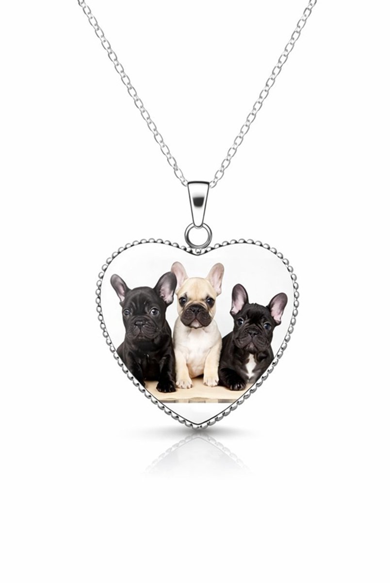 EmmyRovi – Hart ketting met Bulldog – Hond - Verzilverd – Moederdag cadeau - 60 cm