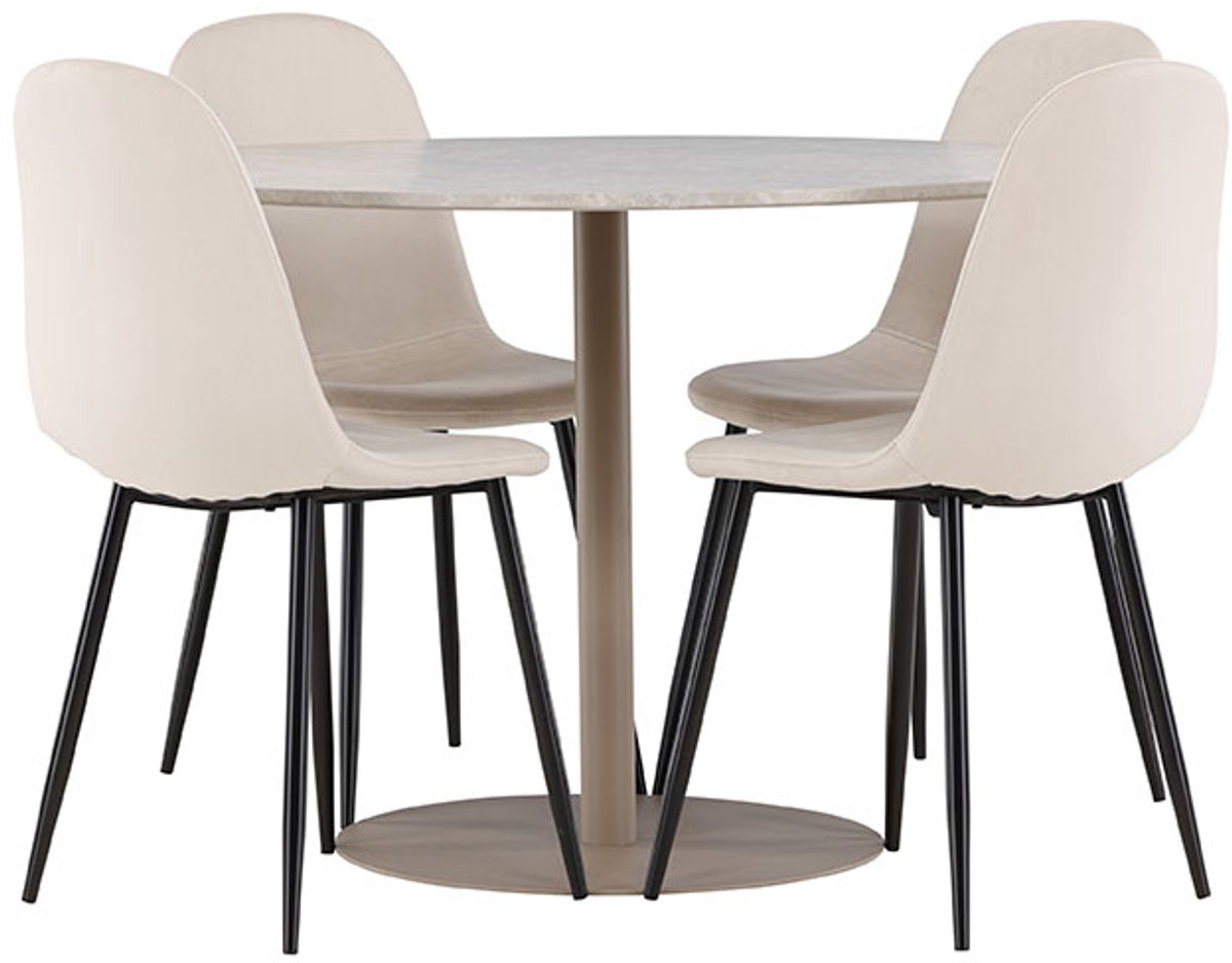 Lycke eethoek tafel Ø110cm en 4 velours stoelen beige.