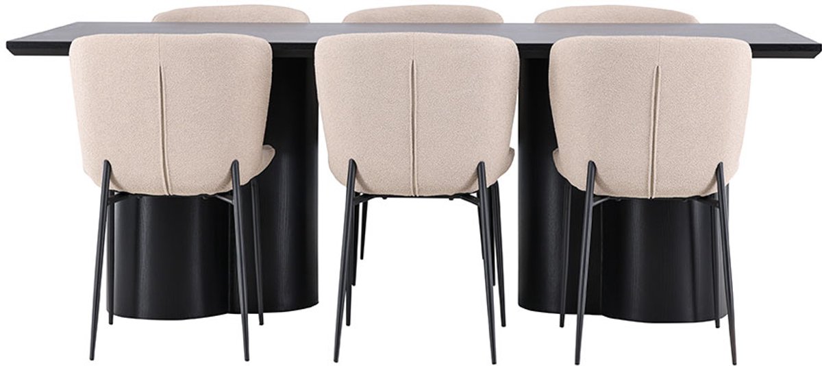 Olivia eethoek tafel 100x210cm en 6 bouclé stoelen zwart.