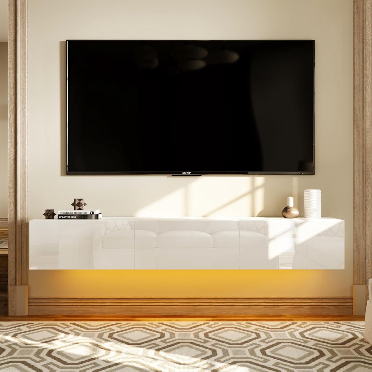 TV-meubel hangend met LED-verlichting – Urbanhome AuraLight 160 cm – Wit – Modern TV-Lowboard – Wand TV-kast van MDF