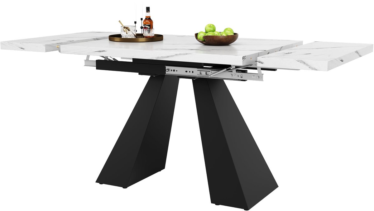 Merax Uitschuifbare Eettafel Met Marmerlook Tafelblad 99 Tot 159 Cm Wit Met Zwart Stalen Onderstel Voor 4 Tot 6 Mensen