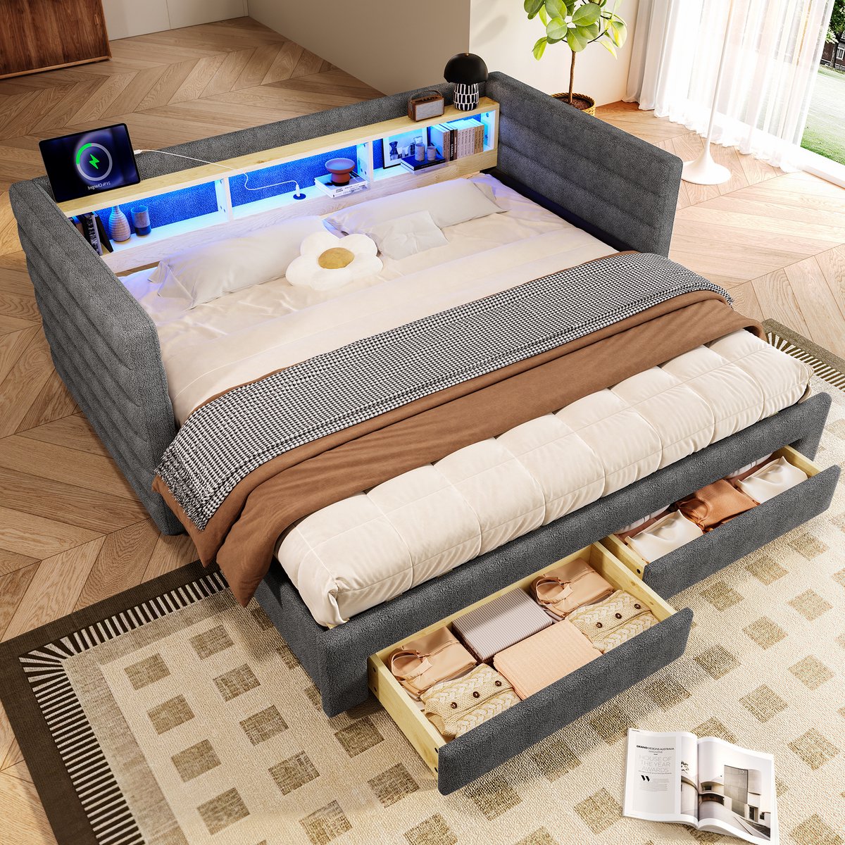 Merax Slaapbank 90 x 190 cm - met uitschuifbaar bed - met USB-C-poort - met lade en opbergvak - met LED-verlichting - zonder matras - grijs