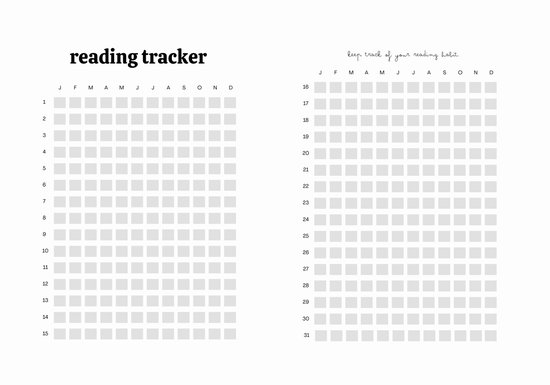 Een pagina met een lees tracker met maanden en dagen aan de linkerkant en een tabel voor het bijhouden van leesgewoonten aan de rechterkant.