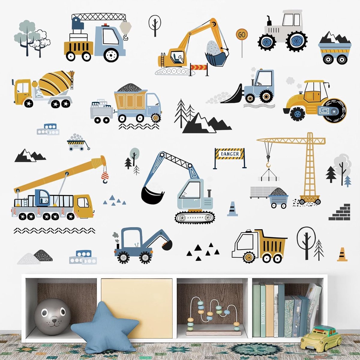 Famanu – Bouwvoertuigen muurstickers vrachtwagens tractor graafmachine kraan muurstickers kinderkamer jongens slaapkamer speelkamer muur decor