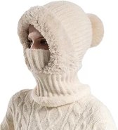 AYPOW Warme gebreide wintermuts met nekwarmer voor vrouwen, winddichte flexibele zachte dikke fleece gevoerde gezichtsmasker beanie-muts met pompom, outdoor bivakmuts skimasker snood capuchon muts