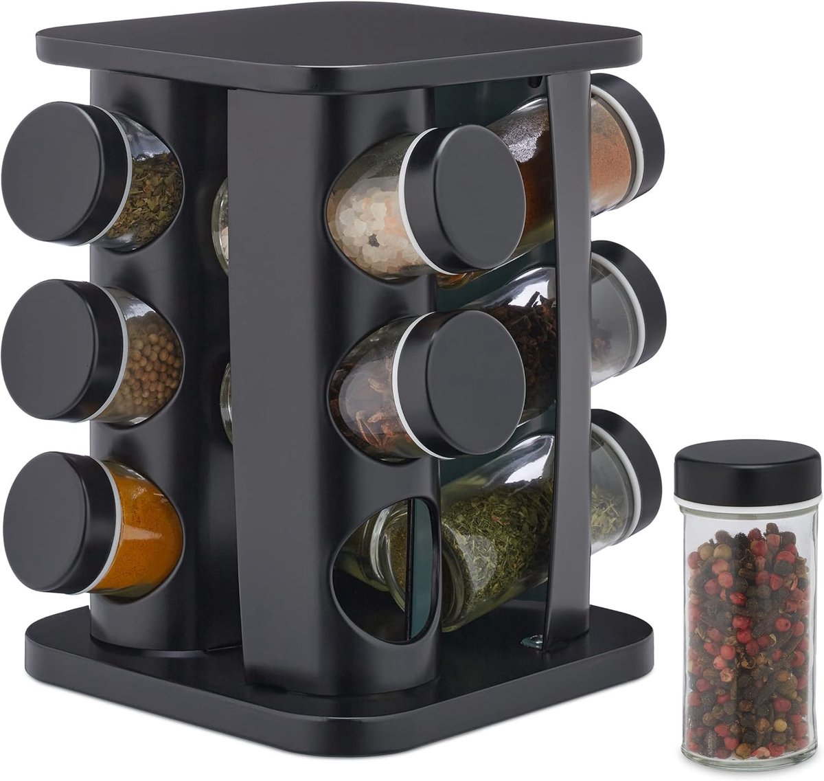 Famanu – Compact kruidenrek draaibaar met 12 glazen potjes rvs kruidencarrousel voor keukenblad