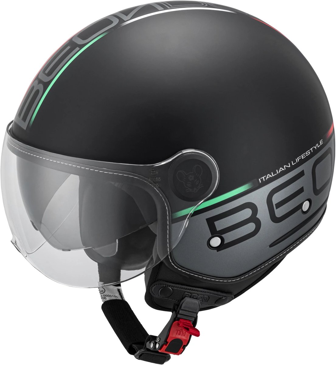 BEON B120 Scooterhelm - M - Jethelm met Zonnevizier - Motorhelm - Geschikt voor Vespa, Scooter, Brommer, Motor en Snorfiets - Mat Zwart met Print