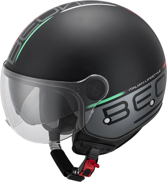 BEON B120 Scooterhelm - M - Jethelm met Zonnevizier - Motorhelm - Geschikt voor Vespa, Scooter, Brommer, Motor en Snorfiets - Mat Zwart met Print