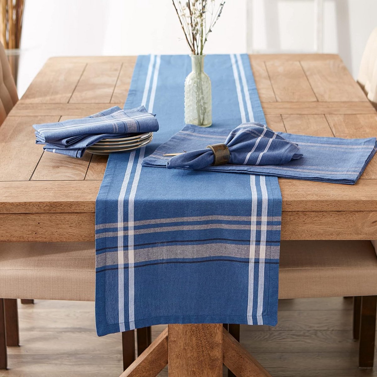 Lange Gestreepte Tafelloper Frans Boerderij Stijl - Blauw Chambray - 35x274 cm