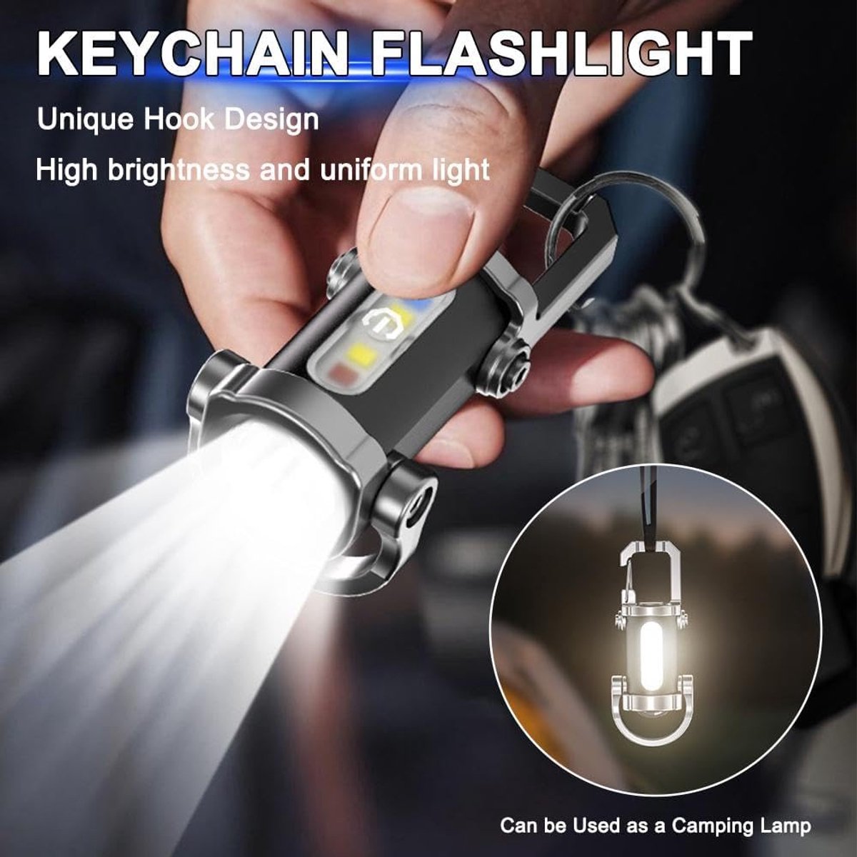 Mini Sleutelhanger Zaklamp Oplaadbaar (600mAh) - 7 Lichtstanden (Rood/Blauw) - Voor Kamperen, Hondenuitlaat, Auto & Noodgeval - EDC Werklamp - USB-C - Waterdicht — cadeau in Sport & Outdoor - foto 4