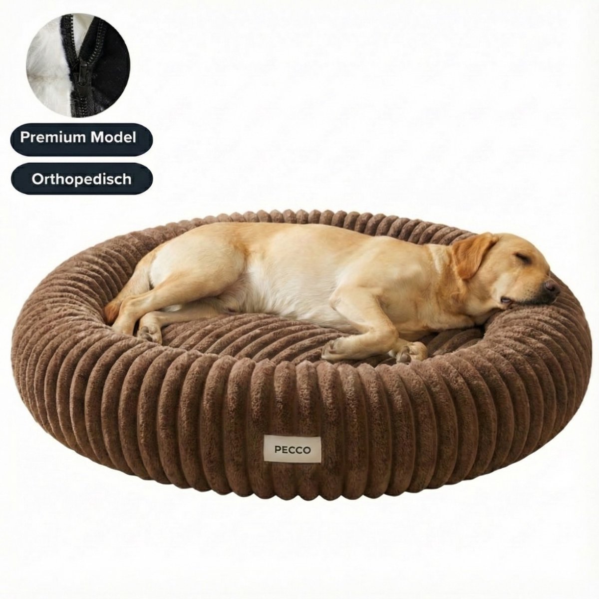 Pecco Orthopedische hondenmand - Ronde donutmand - Diameter 100 cm - Bruin rib
