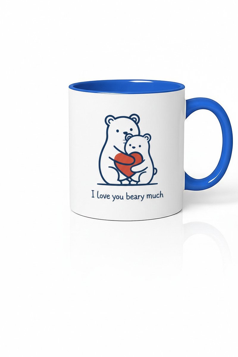 Lieve Beren Mok 'I Love You Beary Much' met Hart - Wit & Blauw - Romantisch Cadeau