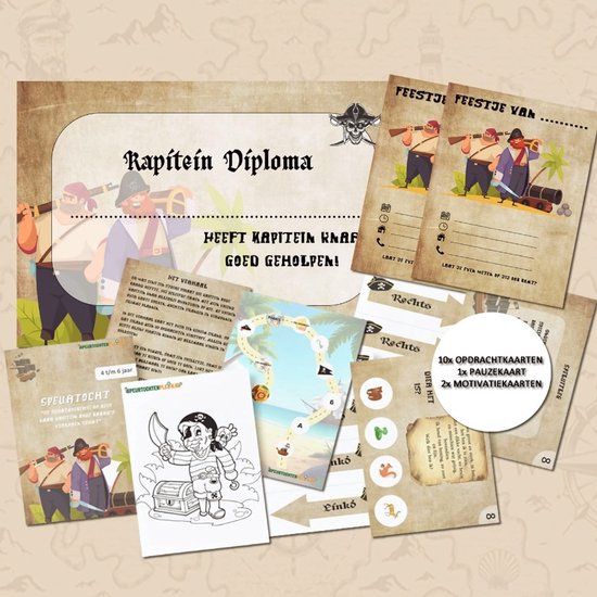 Piraten speurtochtpakket met een kapitein diploma, kleurplaten, spelkaarten en uitnodigingen. Illustraties van piraten en een schatkaart.
