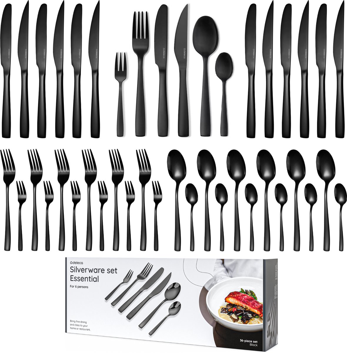 Bol.com Deleca 6 Persoons Bestekset Essential (36-delig) - Lepels, Messen, Vorken, Steakmessen & Gebaksvorkjes - Vaatwasserbeste... aanbieding