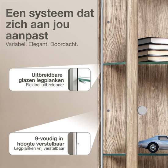 Vitrine sur pied à 1 porte, 4 étagères en verre réglables en hauteur - Éclairage LED - 176 x 37 x 33 cm - Chêne Sonoma