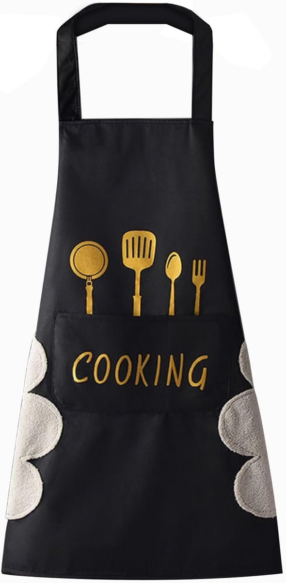 Keukenschort voor dames met een grote zak om de handen gemakkelijk af te vegen, waterdicht, geschikt voor koken en bakken - zwart