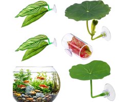 Betta Bed & Tunnel Set - 5 Stuks - Kempvis Rustplaats - Aquarium Decoratie met Zuignap - Realistische Bladeren - Groen