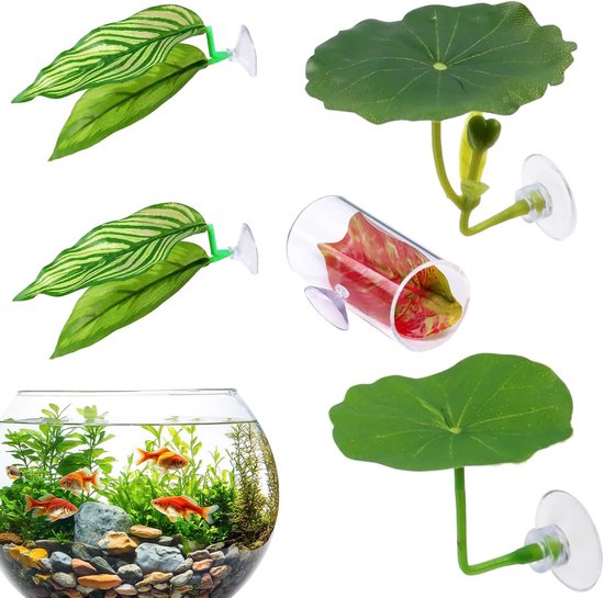 Vijf decoratieve aquariumaccessoires: twee groene bladeren, een doorzichtige cilinder met rode/groene bladeren, en twee lotusbladeren.