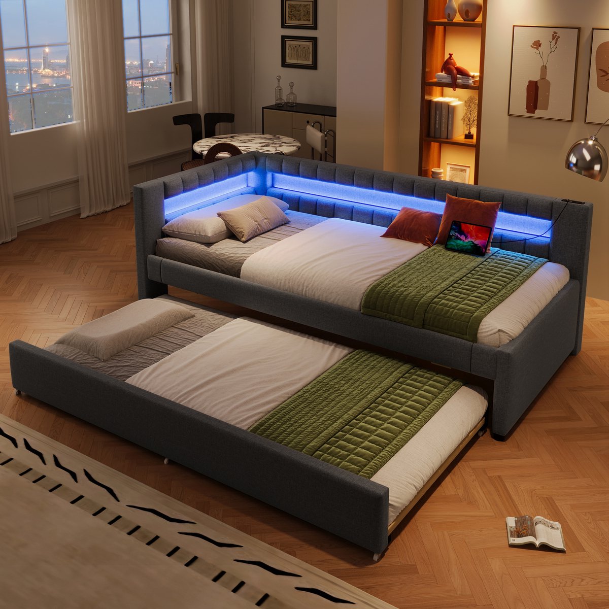 STILVORA Daybed 90x200cm – Bed Met Uitschuifbed, Led Verlichting & Oplaadpoorten – Extra Slaapplaats – Zonder Matras – Linnen – Grijs