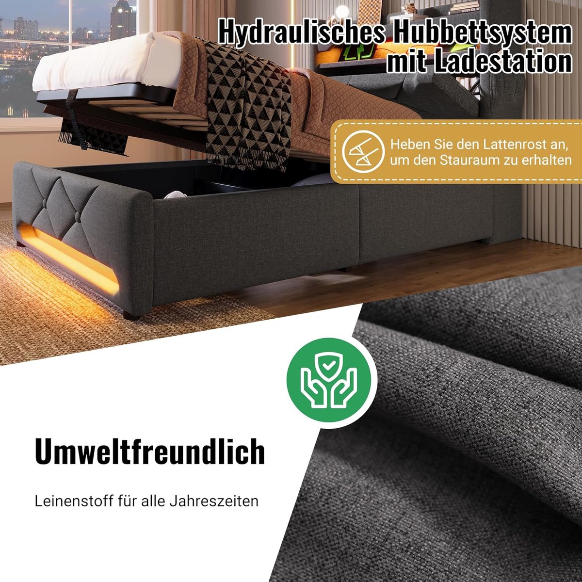Gestoffeerd Opbergbed 180x200 cm met 360° LED & USB Type-C – Hydraulisch Tweepersoonsbed met Lattenbodem, Hoofdeinde met Opbergruimte – Grijs – Zonder Matras – Pauwhome