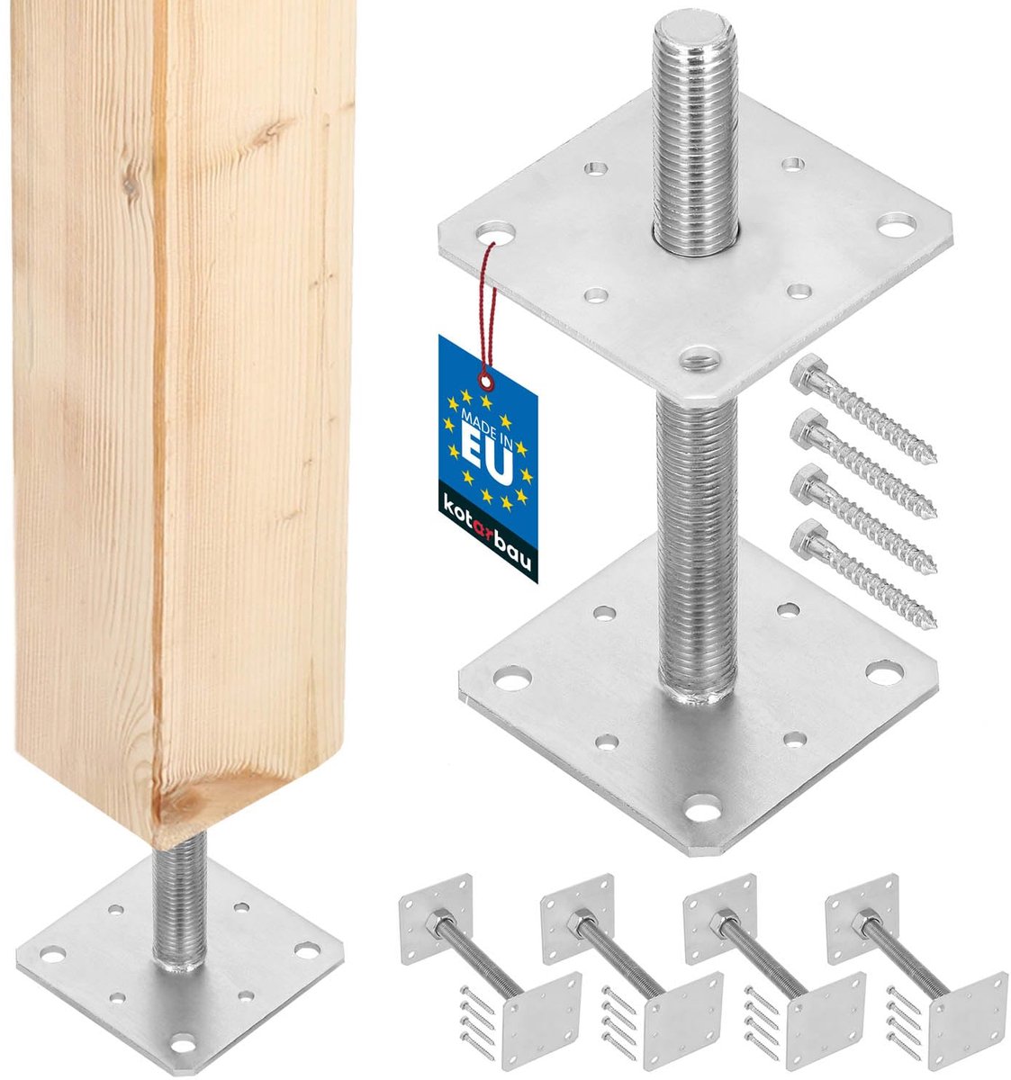 KOTARBAU® 4 stuks Paalhouder, Paalvoet, Verzinkt Staal, 110 x 110 x 250 mm, M24, Zilver, Paalsteun, Regelbare Paalhouder, voor Beton, Verstelbare Paalvoet, Gegalvaniseerde Paaldrager