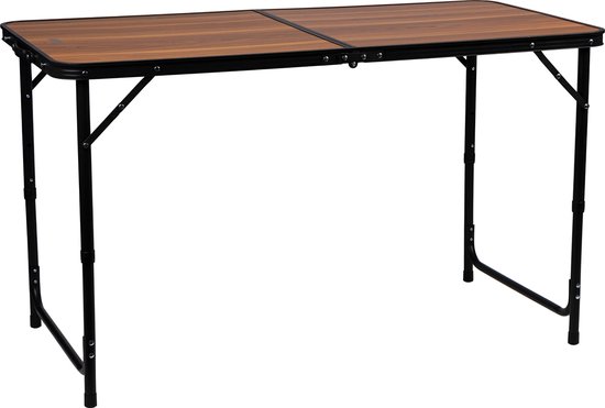 Bruin houten campingtafel met zwart metalen frame, opgevouwen.