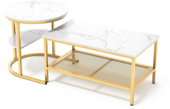 Salontafel met een rond en een rechthoekig blad, marmerlook met gouden frame.