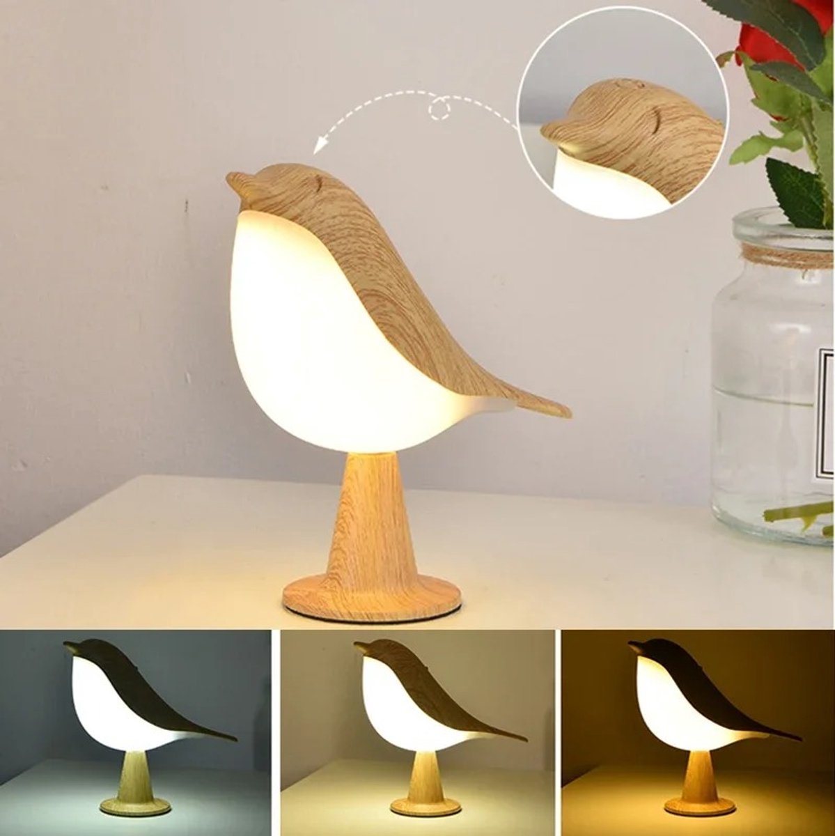WiseGoods Premium Bureaulamp Vogel Design - Draadloos & Oplaadbaar Met 3 Lichtkleuren - Touch Sensor Kinderlamp - Nachtlamp — cadeau in Spellen & Speelgoed - foto 2