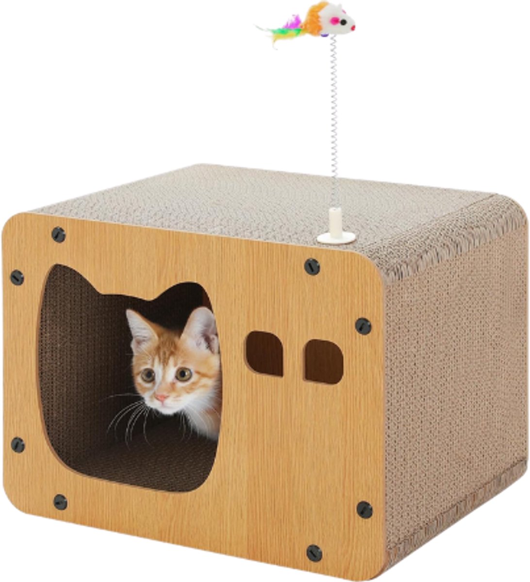 EcoPawPaw Katten Krabbox – Kartonnen Krabmeubel Kattenhuis met Speelmuis – Duurzaam Krabkarton – TV Design