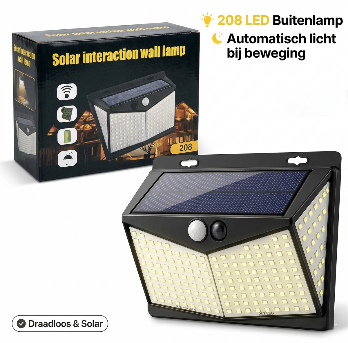 Bol.com Solar Buitenlamp met Bewegingssensor - Op Zonne Energie - Buitenverlichting Met Sensor - Dag en Nacht - 208 LEDS aanbieding