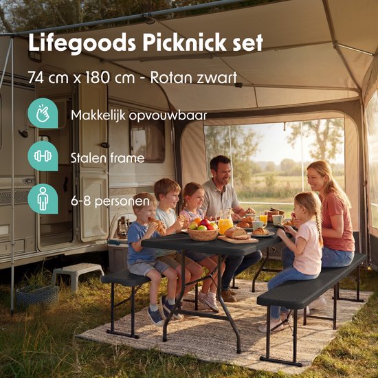 LifeGoods Inklapbare Picknickset - 180cm x 74cm - Tuintafel met 2 Banken - Weerbestendig - Campingtafel - Biertafel Opklapbaar - Voor Binnen en Buiten - Voor 6 tot 8 Personen - Rattan Zwart van Merkloos — afbeelding 2