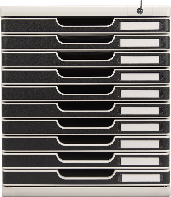 Gedetailleerd beeld van een lichtgrijze ladebox met 10 zwarte lades, voorzien van labels.