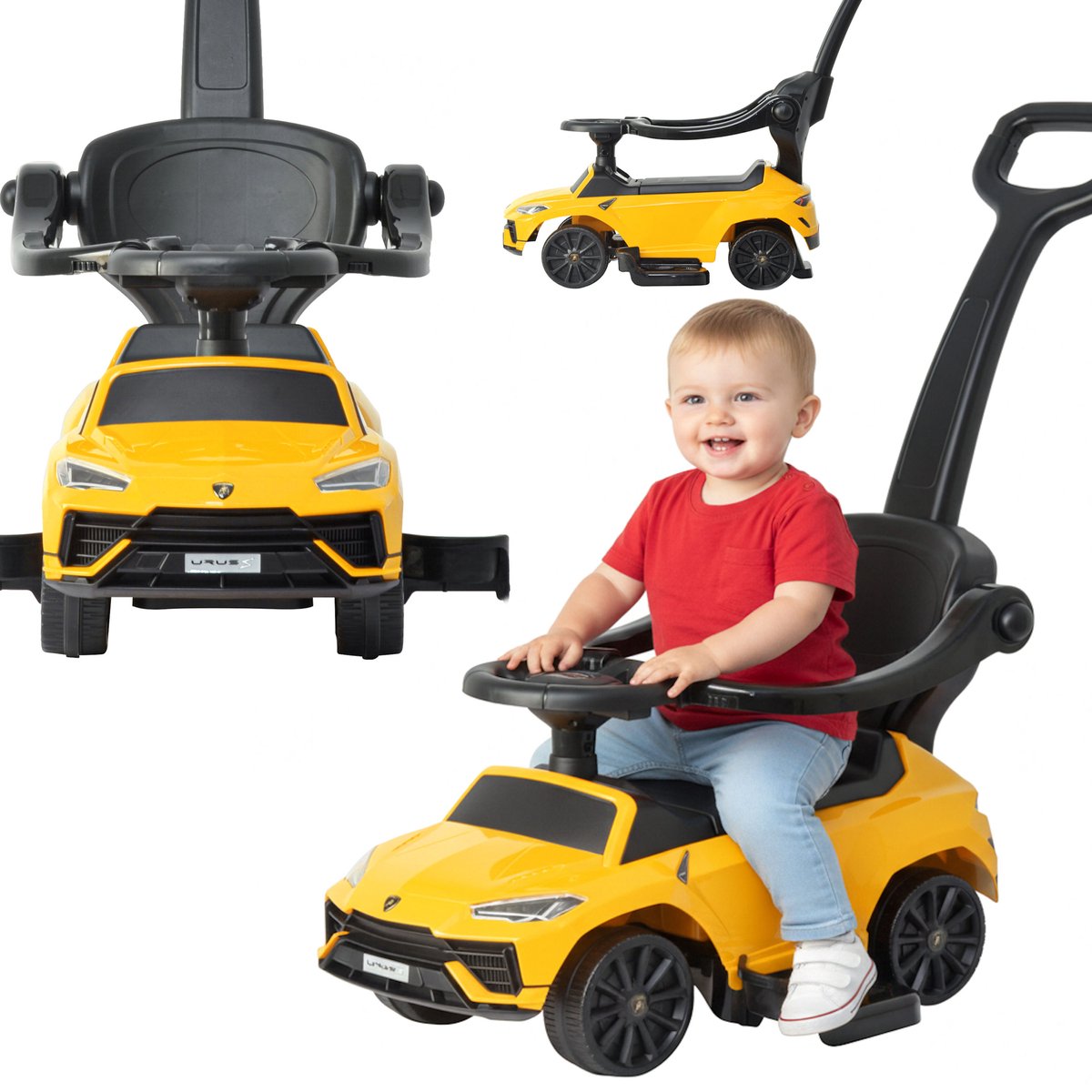 COIL Loopauto Lamborghini URUS – 3-in-1 Kinder Loopauto met Duwstang - Baby Loopwagen met Stuur - vanaf 1 jaar - Geel